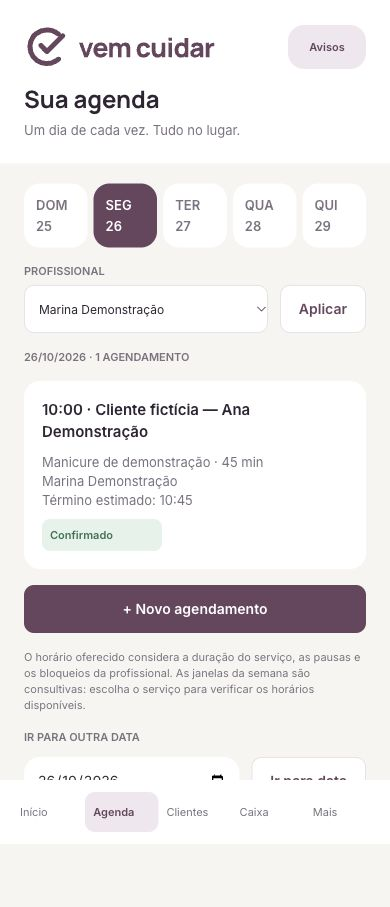 Captura real da agenda do Vem Cuidar no celular, com dados de demonstração.