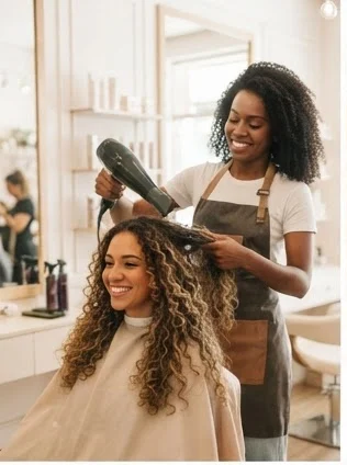 Ilustração de um cuidado de cabelo. Imagem gerada para o site, sem identificar um salão parceiro.